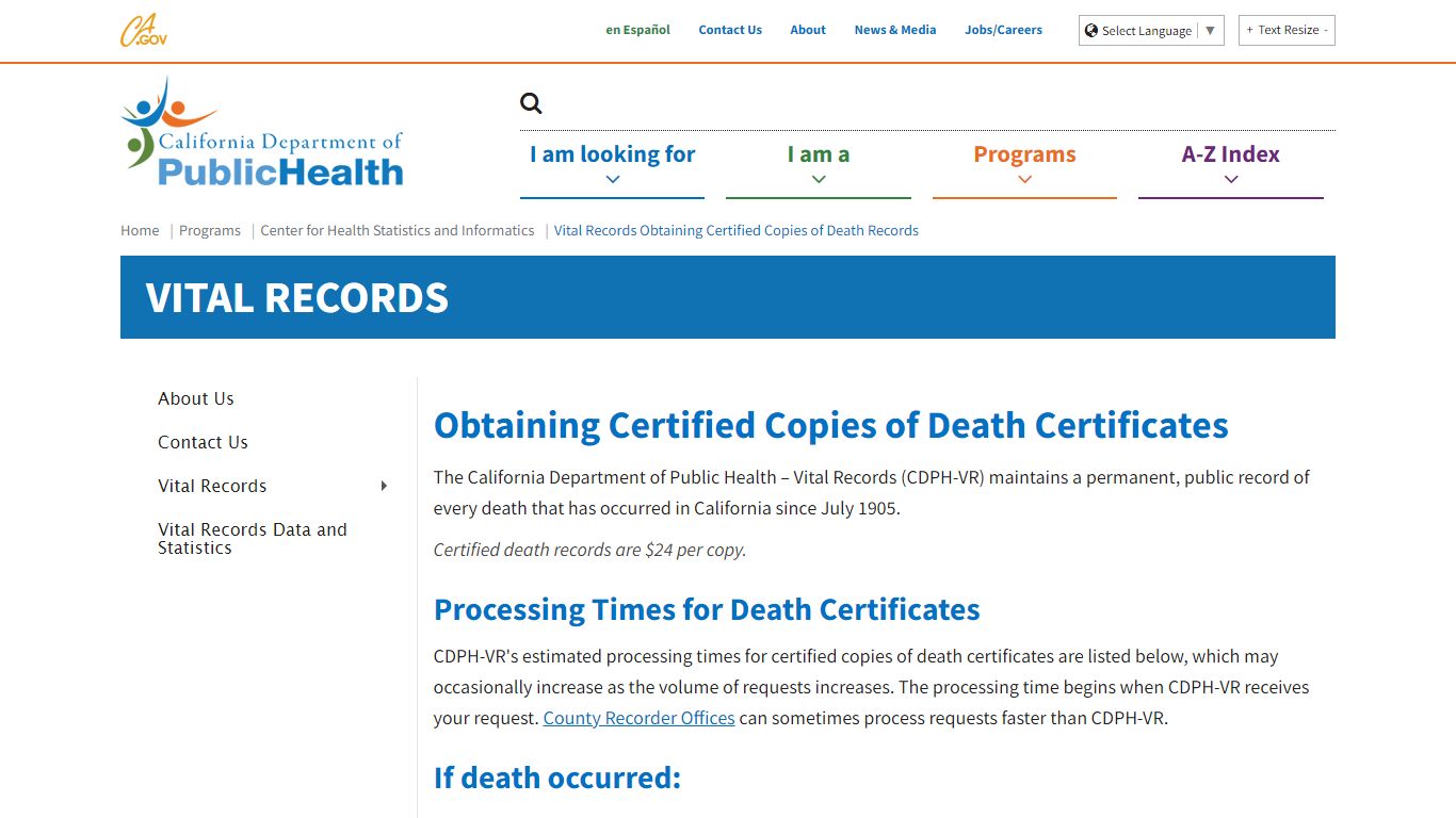 Vital Records Obtaining Certified Copies of Death Records - California